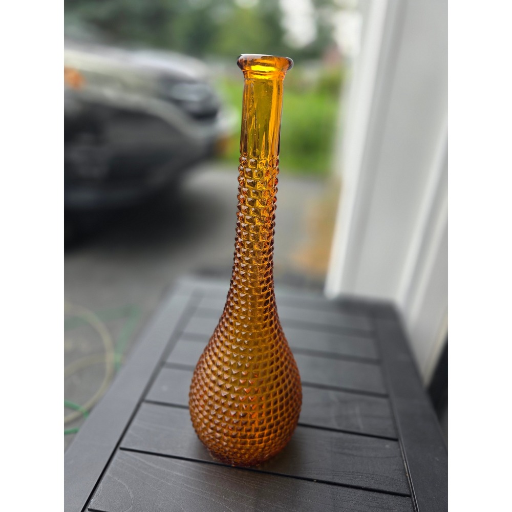 Amber Glass Genie Bottle Vase Diamond Point Hobnail Mid Century Modern 16in